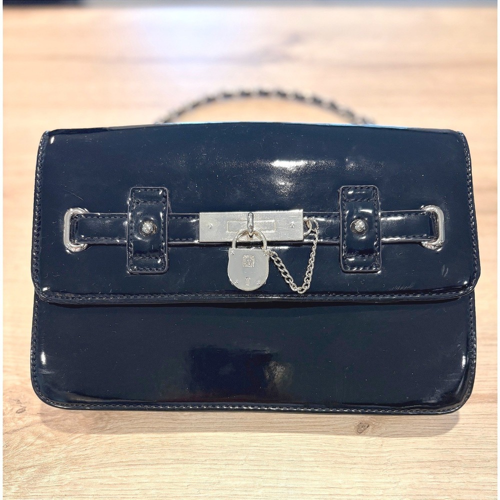 Anne Klein Black Patent Leather Evening Clutch Bag Handbag with Slip Pocket